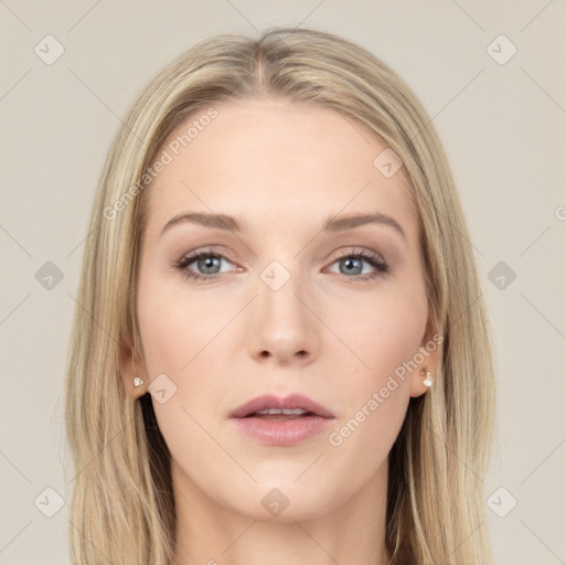 Neutral white young-adult female with long  brown hair and grey eyes