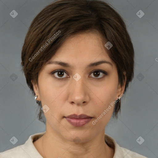 Neutral white young-adult female with medium  brown hair and brown eyes