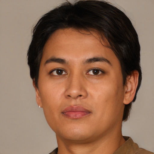 Neutral asian young-adult female with short  brown hair and brown eyes
