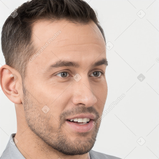 Neutral white young-adult male with short  brown hair and brown eyes