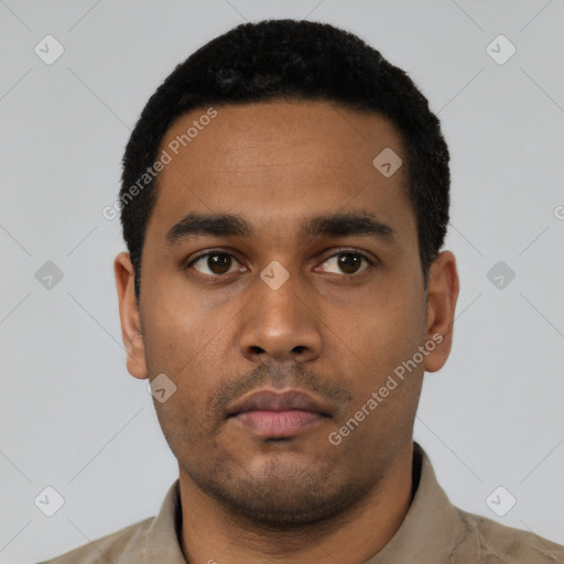 Neutral latino young-adult male with short  black hair and brown eyes