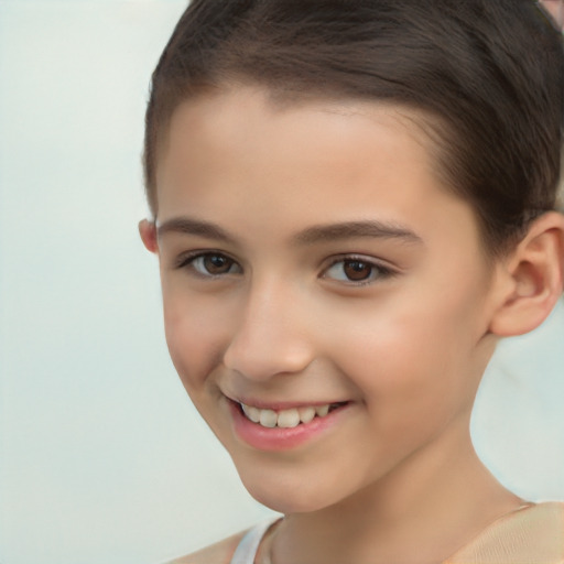 Joyful white child female with short  brown hair and brown eyes