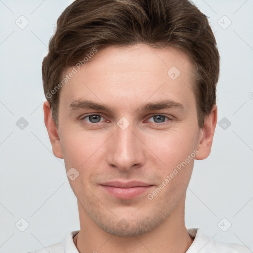 Neutral white young-adult male with short  brown hair and grey eyes