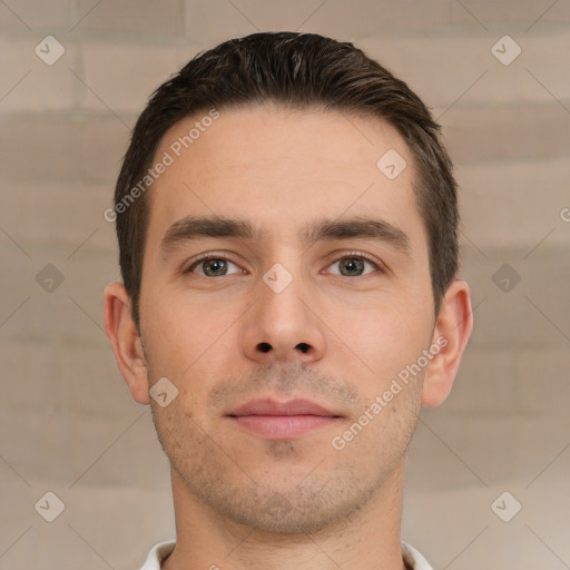 Neutral white young-adult male with short  brown hair and brown eyes