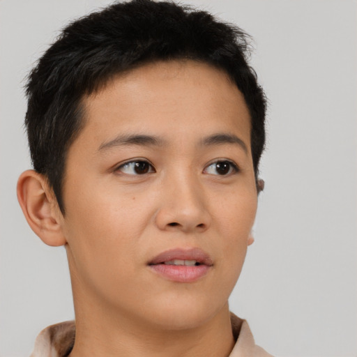 Neutral asian young-adult male with short  brown hair and brown eyes