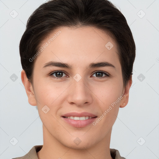 Joyful white young-adult female with short  brown hair and brown eyes