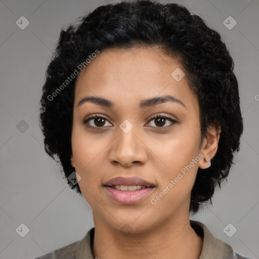 Joyful latino young-adult female with short  black hair and brown eyes