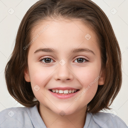 Joyful white child female with medium  brown hair and brown eyes