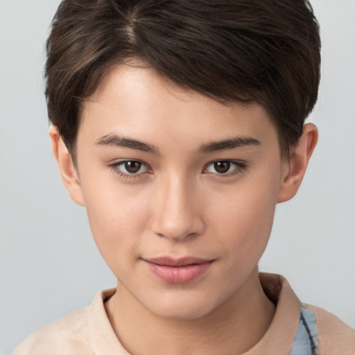 Neutral white young-adult female with short  brown hair and brown eyes