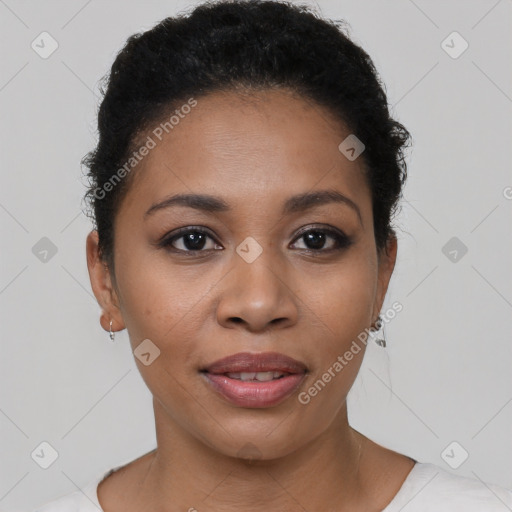 Joyful latino young-adult female with short  black hair and brown eyes