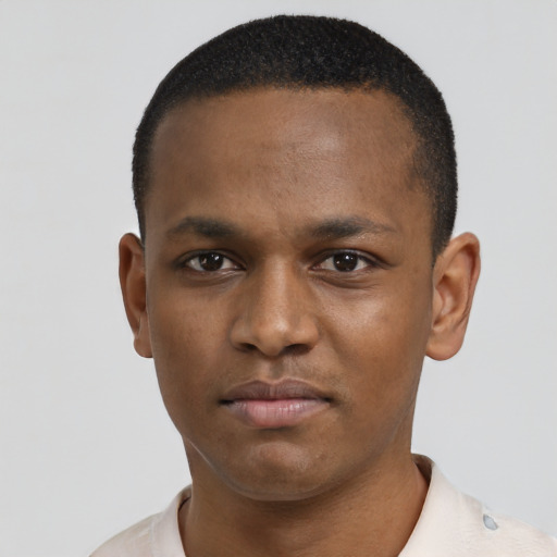 Neutral black young-adult male with short  black hair and brown eyes