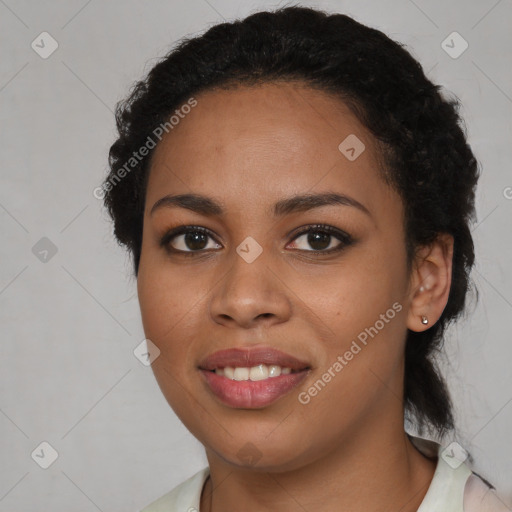 Joyful latino young-adult female with medium  black hair and brown eyes