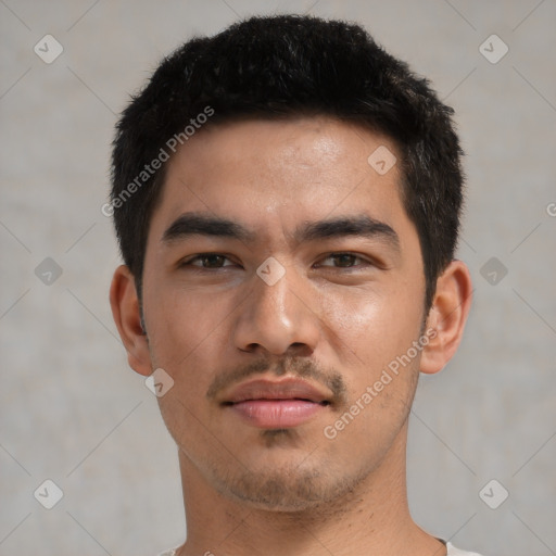 Joyful white young-adult male with short  black hair and brown eyes