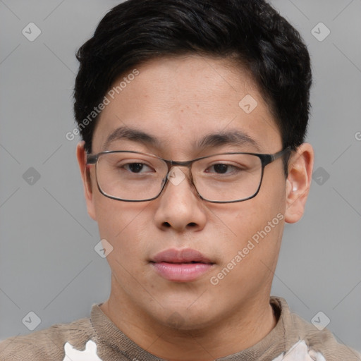 Neutral white young-adult female with short  brown hair and brown eyes