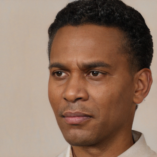 Neutral black young-adult male with short  black hair and brown eyes