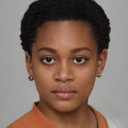 Neutral black young-adult female with short  black hair and brown eyes