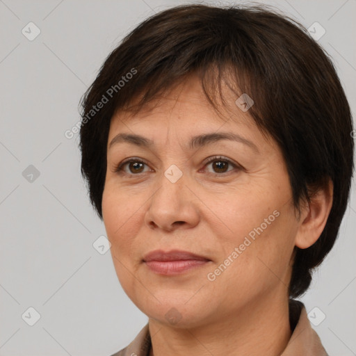 Joyful white adult female with medium  brown hair and brown eyes