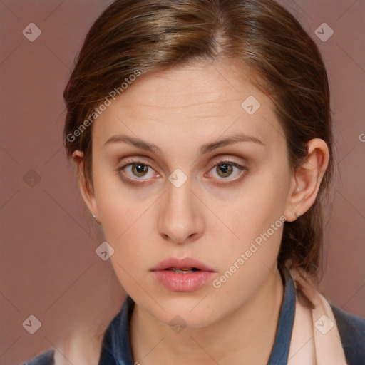 Neutral white young-adult female with medium  brown hair and brown eyes