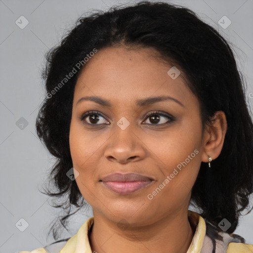 Joyful black young-adult female with medium  black hair and brown eyes