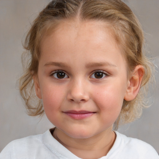 Joyful white child female with medium  brown hair and brown eyes