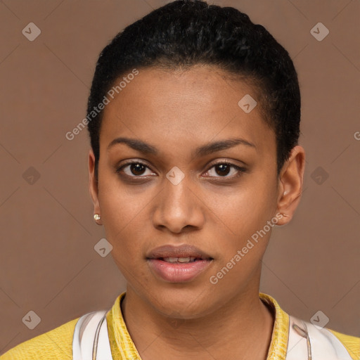 Neutral black young-adult female with short  brown hair and brown eyes