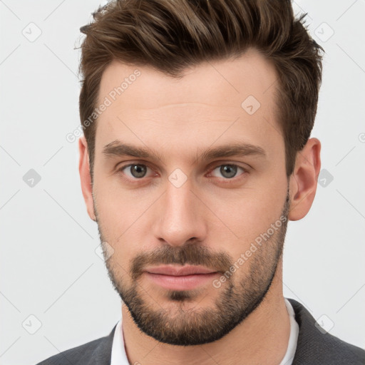 Neutral white young-adult male with short  brown hair and grey eyes