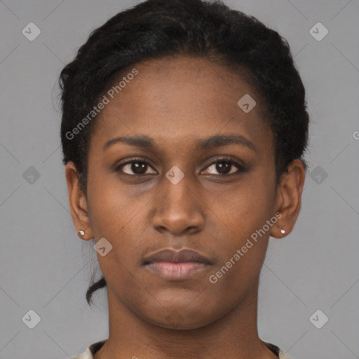 Neutral black young-adult female with short  brown hair and brown eyes