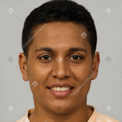 Joyful black young-adult male with short  brown hair and brown eyes