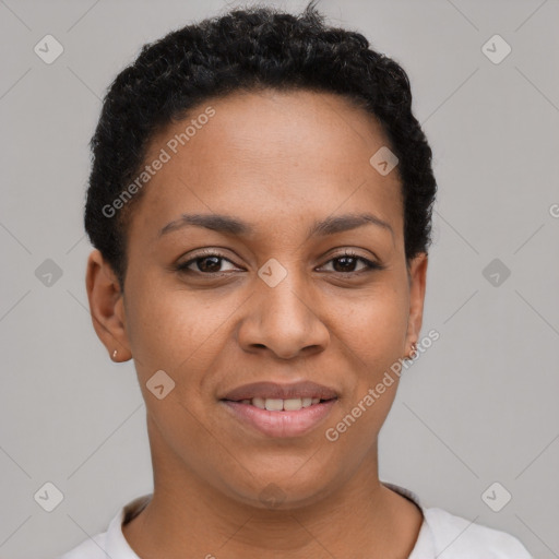 Joyful latino young-adult female with short  black hair and brown eyes