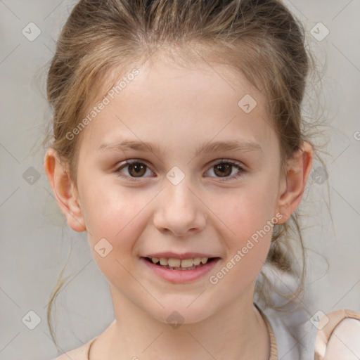 Joyful white child female with medium  brown hair and brown eyes