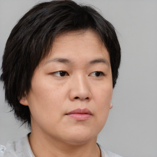 Neutral asian young-adult female with short  brown hair and brown eyes