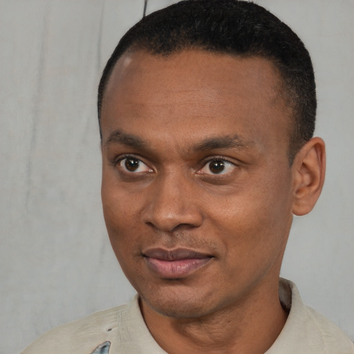 Joyful black young-adult male with short  black hair and brown eyes
