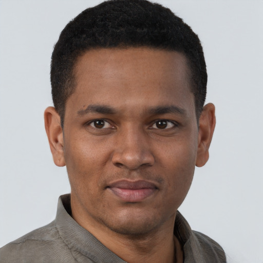 Neutral black young-adult male with short  black hair and brown eyes