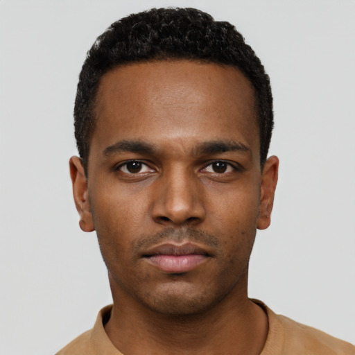 Neutral black young-adult male with short  black hair and brown eyes