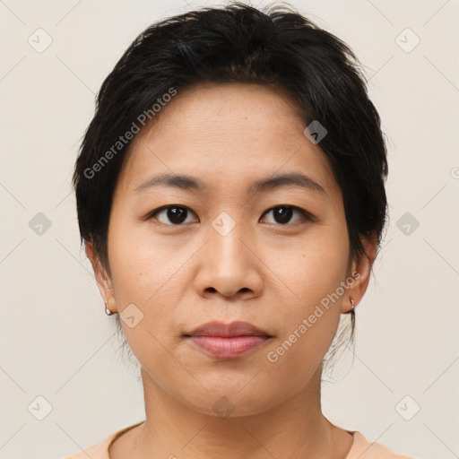 Joyful asian young-adult female with short  brown hair and brown eyes