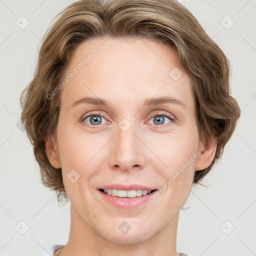 Joyful white young-adult female with medium  brown hair and blue eyes