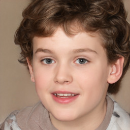 Joyful white child male with medium  brown hair and brown eyes