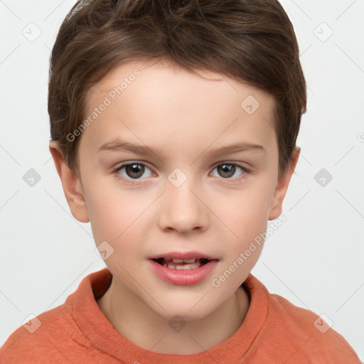 Joyful white child female with short  brown hair and brown eyes