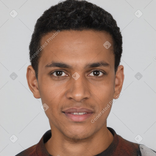 Joyful black young-adult male with short  black hair and brown eyes