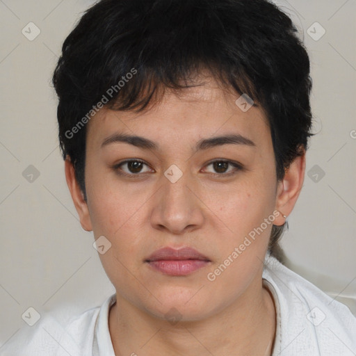 Neutral asian young-adult female with short  black hair and brown eyes