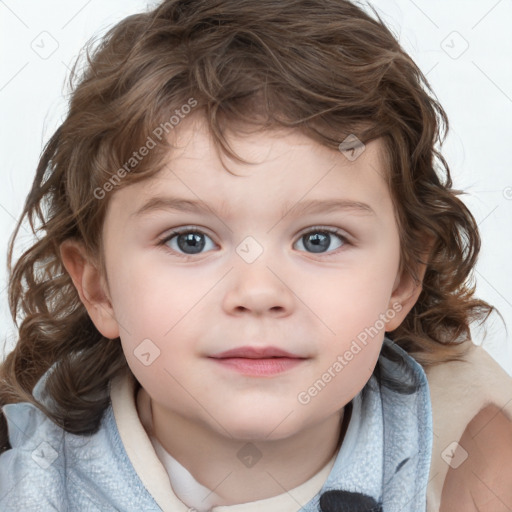 Joyful white child female with medium  brown hair and blue eyes