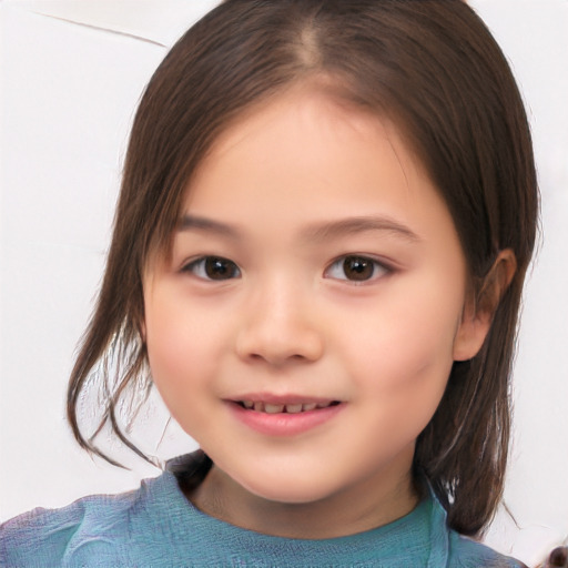 Joyful white child female with medium  brown hair and brown eyes