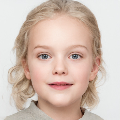 Neutral white child female with medium  blond hair and blue eyes