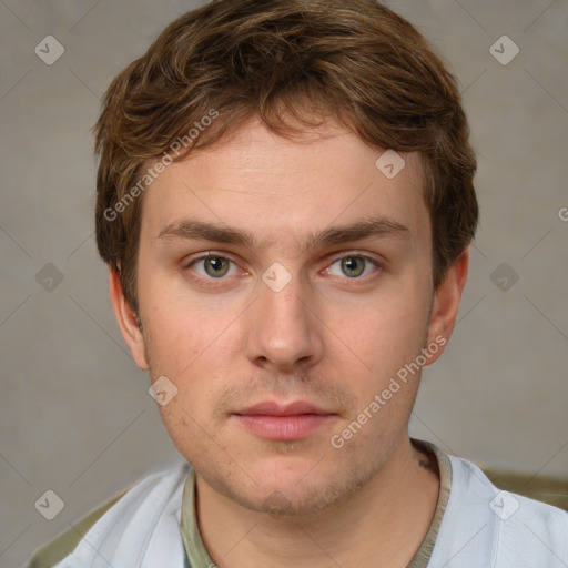 Neutral white young-adult male with short  brown hair and grey eyes