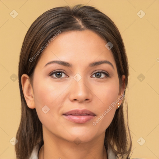 Neutral white young-adult female with medium  brown hair and brown eyes