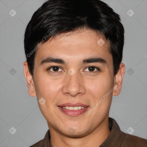 Joyful white young-adult male with short  black hair and brown eyes