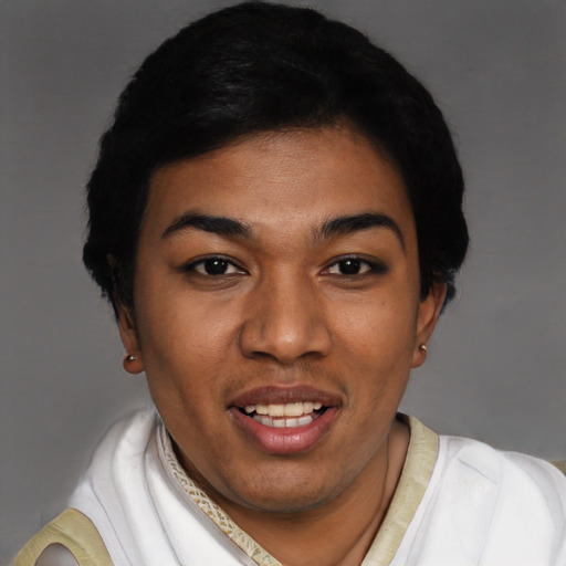 Joyful latino young-adult female with short  black hair and brown eyes