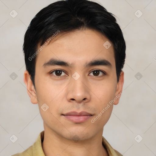 Neutral asian young-adult male with short  black hair and brown eyes