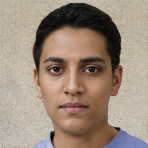 Neutral white young-adult male with short  black hair and brown eyes