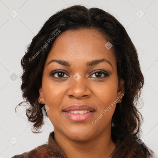 Joyful black young-adult female with medium  brown hair and brown eyes